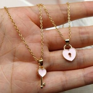 **CARYS* 2-Pc Gold x Pink Heart Lock & Key Fashion Necklace Set